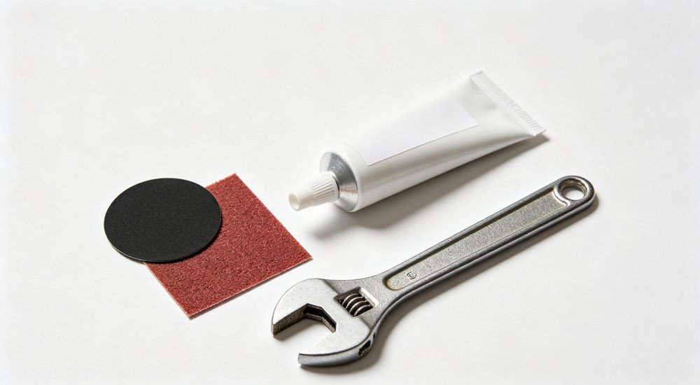 Full repair kit contents laid out, patches glue valve tool, product shot red and white inflatable emergency shelter for disaster relief operations