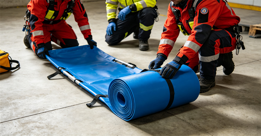 Rolled compact storage view of blue sked rescue stretcher showing small space saving rolled cylindrical form for wholesale bulk water rescue equipment supply