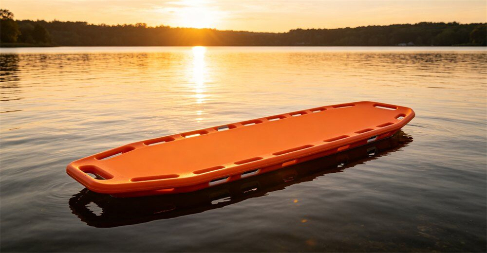 Orange inflatable rescue stretcher floating on calm river water showing stable buoyant support structure for wholesale bulk water rescue equipment supply Orange inflatable rescue stretcher floating on calm river water showing stable buoyant support structure for wholesale bulk water rescue equipment supply