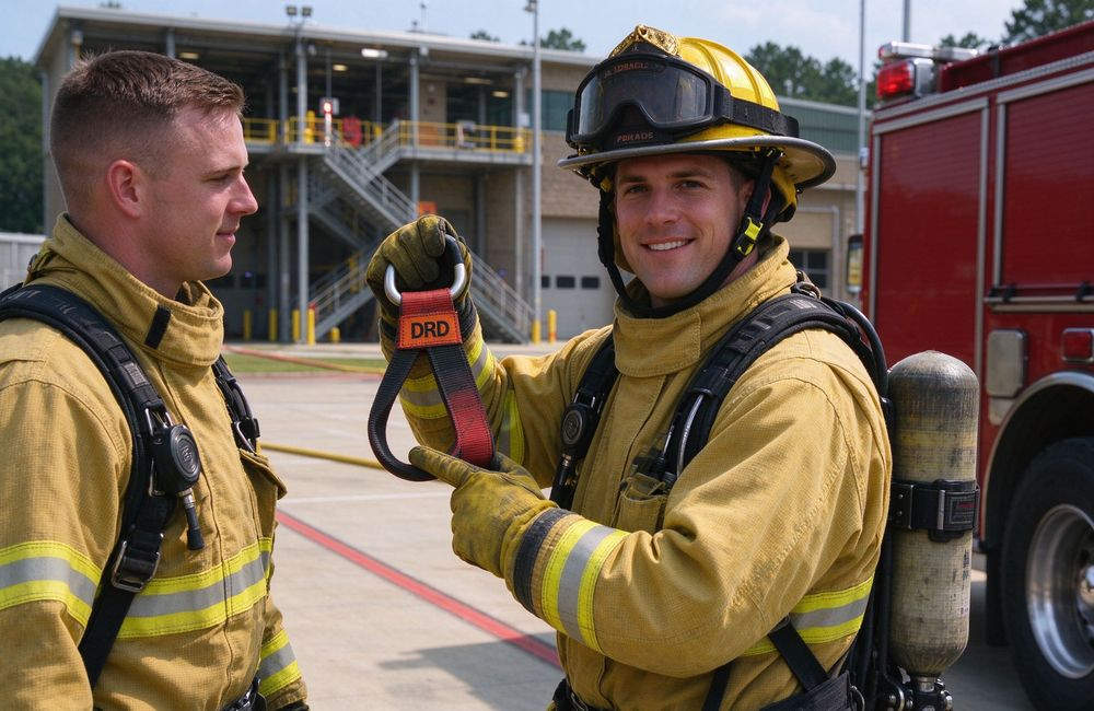 Three-quarter view of firefighter showing DRD drag rescue device strap on turnout gear, firefighter rescue harness feature, bulk turnout gear rescue equipment supplier