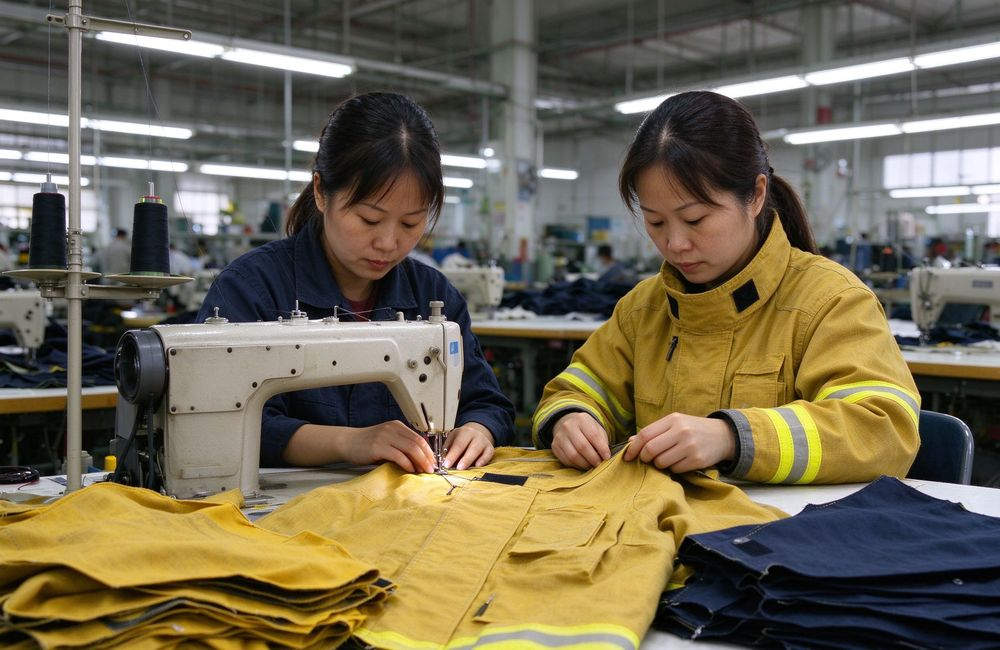 Ground-level view of turnout gear warehouse hanging finished sets with product visible, fire department turnout gear manufacturer export packing for yellow hanging firefighter turnout gear wholesale buyers