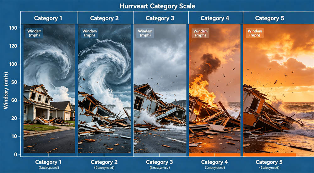 Saffir-Simpson hurricane category comparison chart from Category 1 to 5 with wind speed and damage levels, infographic for bulk hurricane procurement planning