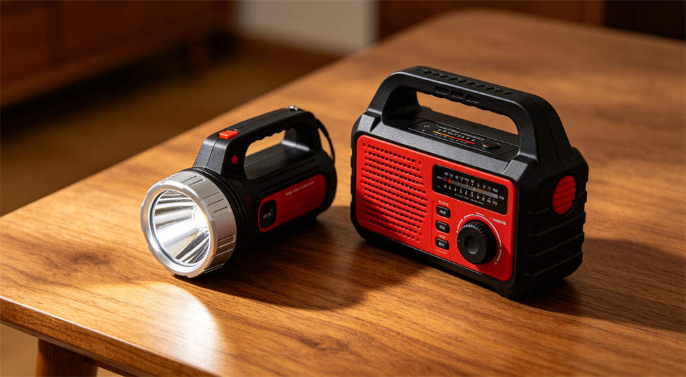 Hand crank flashlight and emergency radio set on white background, solar powered emergency communication devices for hurricane response bulk procurement