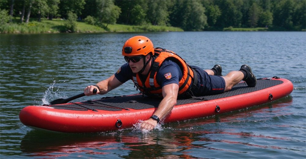 Type 2 authentic PVC inflatable floating rescue board SL297 for water rescue, red-orange paddle-board with black EVA anti-slip surface, D-rings and handles, rescuer paddling on lake