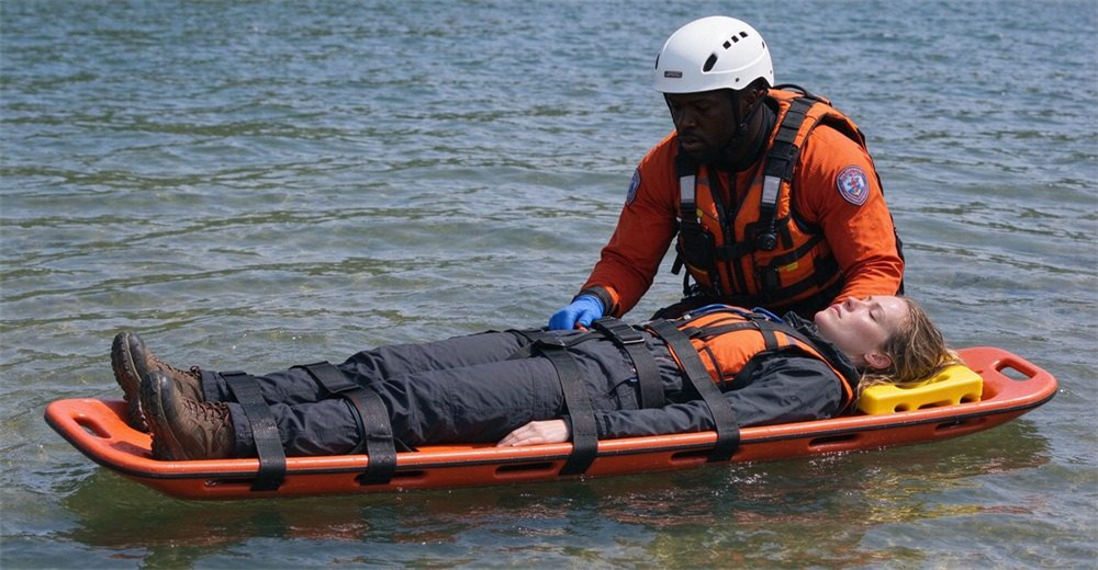 Type 4 authentic ABS spinal board for water rescue, orange-red long rigid board with oval handle holes, yellow head immobilizer, patient secured with straps, floatable for water transfer