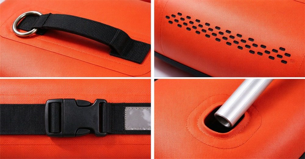 Four-panel detail collage of authentic foam-filled platform: black webbing carry handle with metal D-ring, rows of drainage mesh holes, black plastic buckle on horizontal strap with reflective strip, aluminum pole inserted into side sleeve socket.