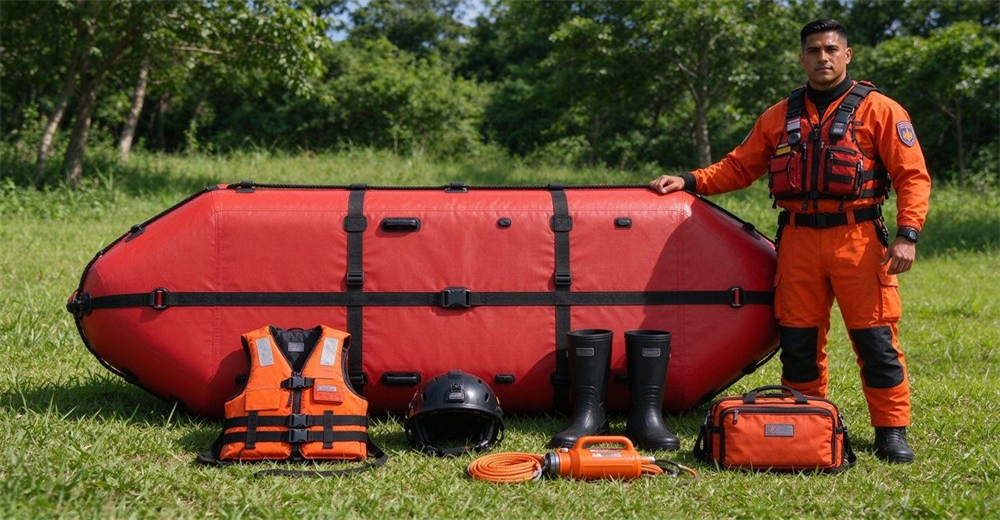 Professional flood rescue combo on grass: authentic foam-filled platform with horizontal straps and drainage holes, orange life jacket, orange helmet, black rescue boots, orange line thrower, red first aid kit, yellow throw bag, overhead flat-lay. Professional flood rescue combo on grass: authentic foam-filled platform with horizontal straps and drainage holes, orange life jacket, orange helmet, black rescue boots, orange line thrower, red first aid kit, yellow throw bag, overhead flat-lay.