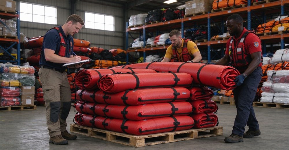 Disaster relief reserve in clean warehouse, multiple authentic foam-filled platforms with horizontal straps stacked on wooden pallets, two staff in blue uniforms counting with clipboard, other supplies on organized shelves.