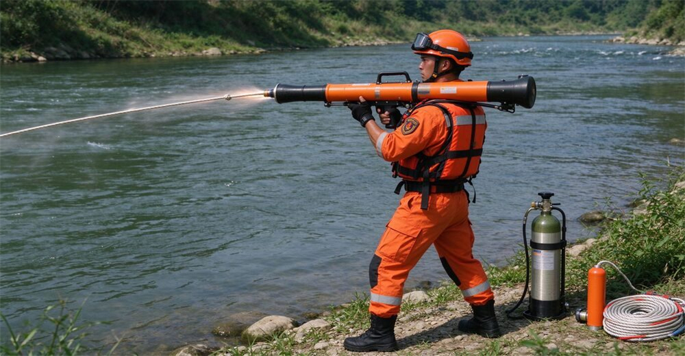 Related product: water rescue line thrower real firing photo with rescuer launching projectile rope across river, professional flood rescue equipment for water rescue floating platform teams.