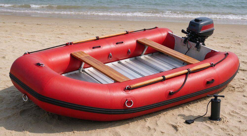 Fully inflated PVC inflatable rescue raft displayed on sandy beach showing aluminum floor panels oar seats grab ropes and stainless D-rings ready for flood rescue boat wholesale buyers Fully inflated PVC inflatable rescue raft displayed on sandy beach showing aluminum floor panels oar seats grab ropes and stainless D-rings ready for flood rescue boat wholesale buyers