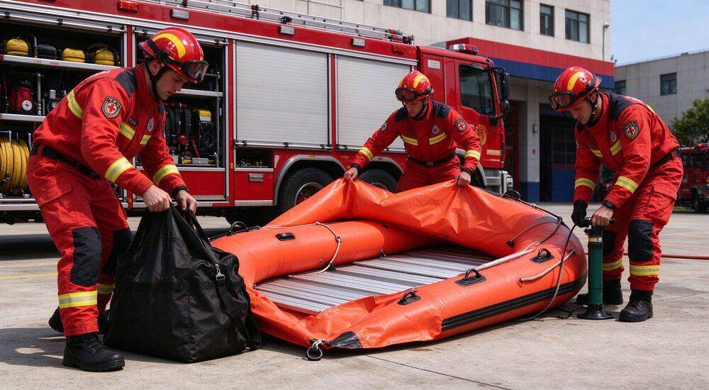 Rapid deployment of portable rescue boat from compact carry bag by male rescuer during emergency flood response demonstrating fast unpacking and setup procedure for disaster teams Rapid deployment of portable rescue boat from compact carry bag by male rescuer during emergency flood response demonstrating fast unpacking and setup procedure for disaster teams