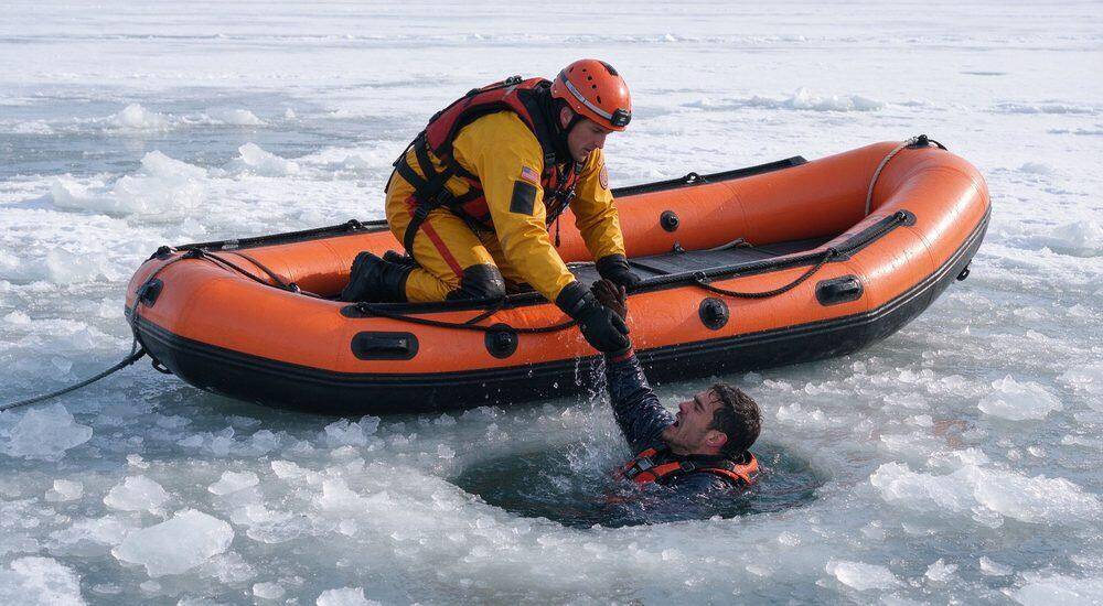 Ice rescue rapid deployment raft on frozen lake with male rescuer in red drysuit assisting victim showing emergency water rescue operation using inflatable rescue boat in cold winter conditions