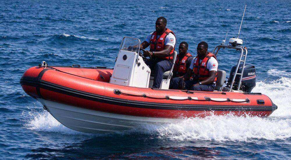 Coastal sea rescue with rigid inflatable boat RIB navigating waves approaching distressed fishing vessel showing offshore emergency rescue boat capability and endurance in rough coastal waters Coastal sea rescue with rigid inflatable boat RIB navigating waves approaching distressed fishing vessel showing offshore emergency rescue boat capability and endurance in rough coastal waters