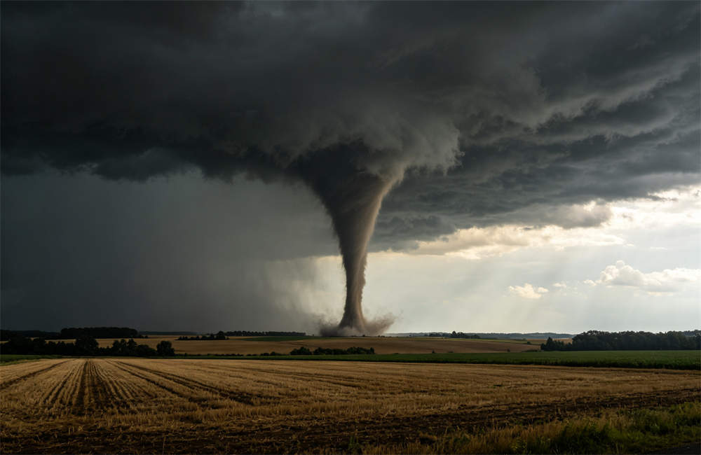 Dramatic tornado funnel cloud touching down across open plain during severe weather event for bulk tornado kit buyers worldwide today now for bulk tornado emergency kit procurement and wholesale NGO relief orders today now