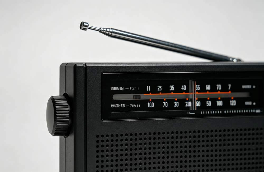 Closeup of weather radio control panel showing seven NOAA bands, SOS button, solar panel and hand crank generator for emergency communication.