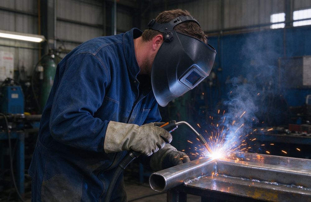 Ground-level view of welding workshop worker in FR coveralls with welding sparks for fire resistant protective clothing and flame resistant workwear application demonstration