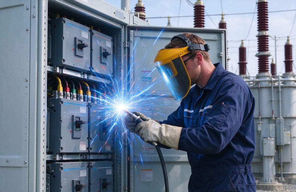 High-angle view of electric substation worker in FR coveralls near arc flash zone for fire resistant protective clothing and flame resistant workwear arc flash protection