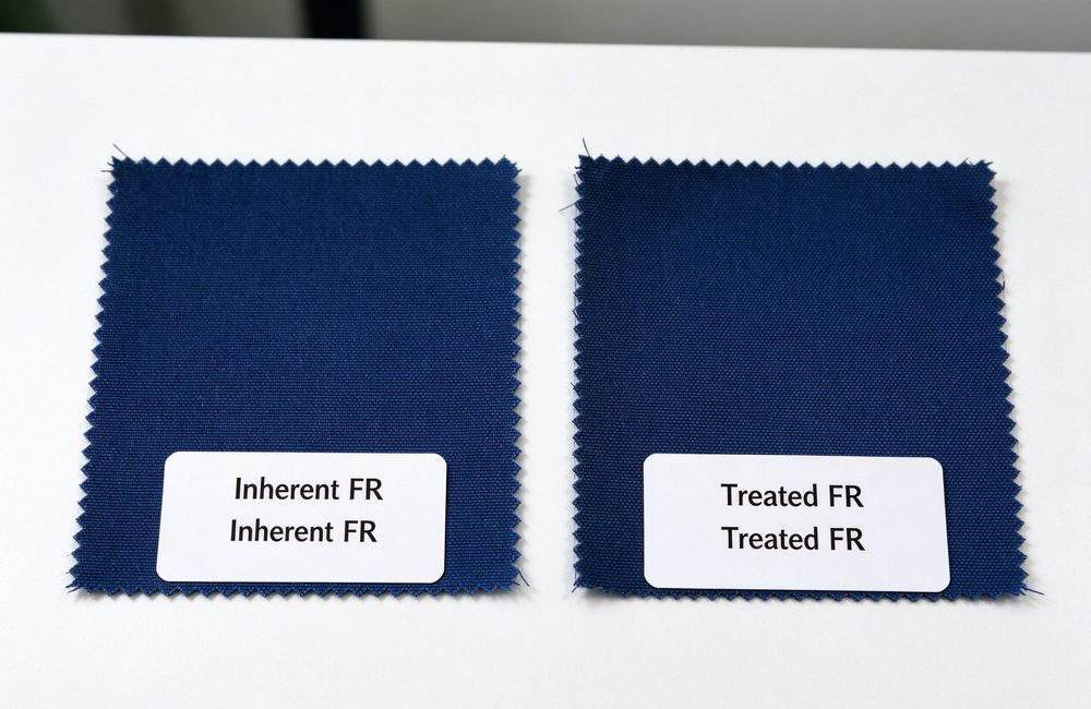Front view of fR fabric comparison of modacrylic cotton and aramid for flame resistant coveralls selection and fire resistant workwear fabric choice guidance