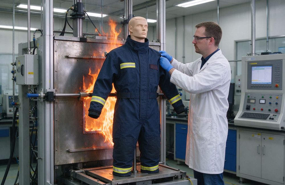 Flat-lay view of fR coveralls with NFPA 2112 certification label for flame resistant workwear compliance and fire resistant protective clothing standard verification at industrial work sites