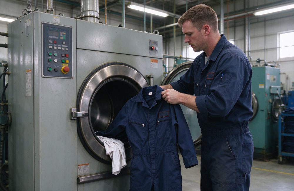 High-angle view of fR coveralls industrial laundry service view for flame resistant workwear maintenance guidance and fire resistant clothing care for long service life