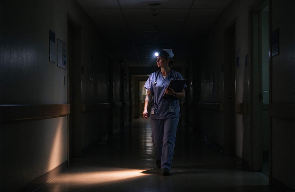Female nurse wearing LED headlamp walking through dark hospital corridor with clipboard, both hands free to carry medical supplies during power outages in healthcare facilities