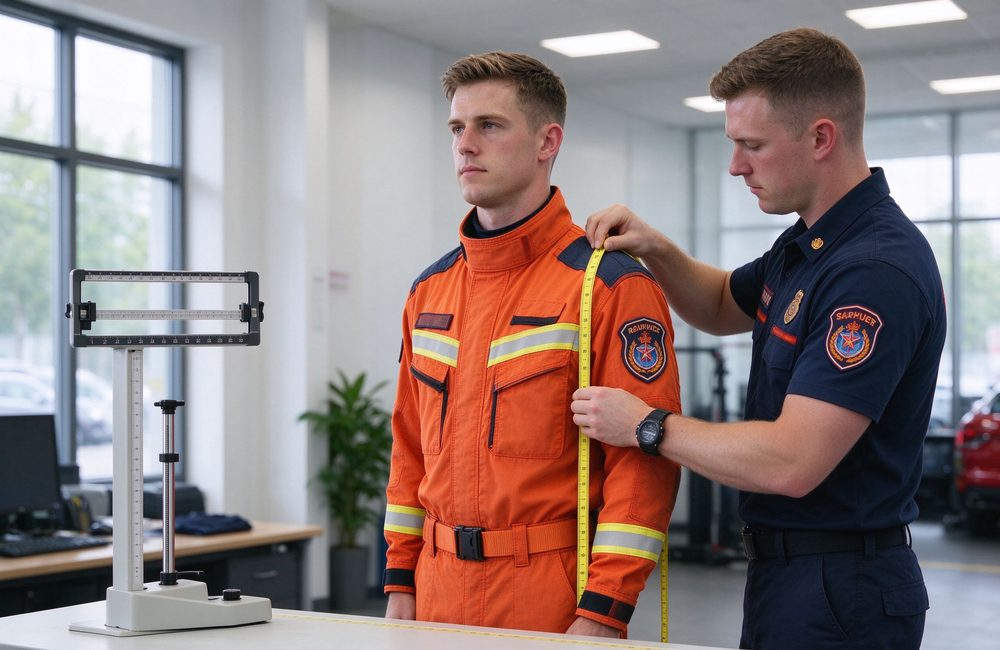 Wide-angle view of rescue team uniform with identity patches for technical orange with yellow reflective trim rescue clothing team recognition and rescue clothing unit coordination in operations for rescue clothing wholesale buyers