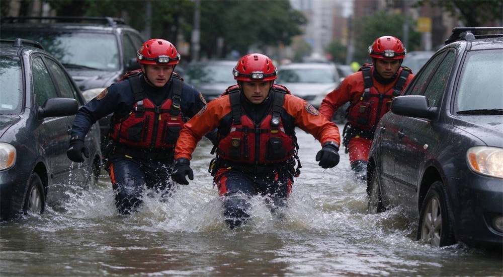 Rescue team wearing helmets with communication devices coordinating during water operation showing team communication and situational awareness Rescue team wearing helmets with communication devices coordinating during water operation showing team communication and situational awareness