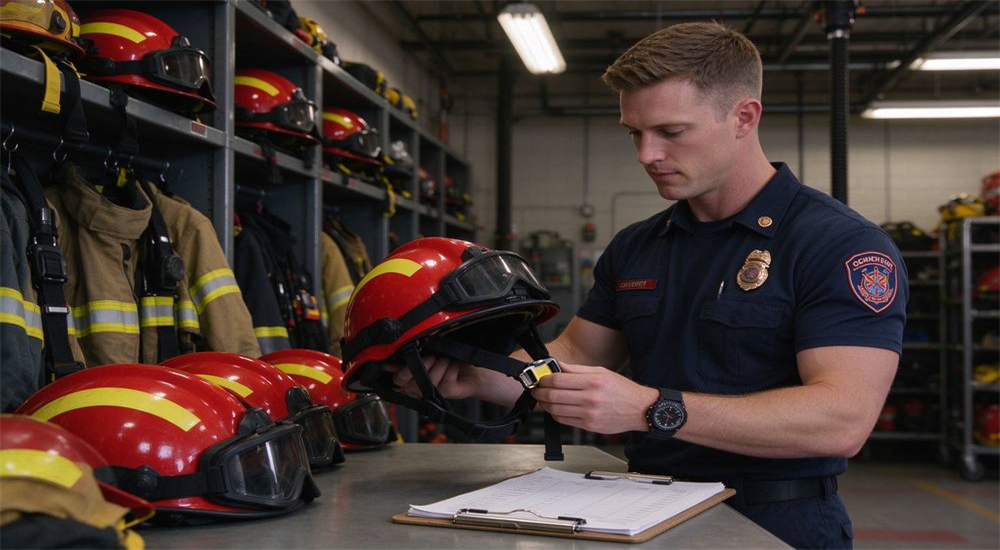Pre deployment equipment inspection checklist being performed by rescue team member verifying helmet PFD and gear before water operation begins