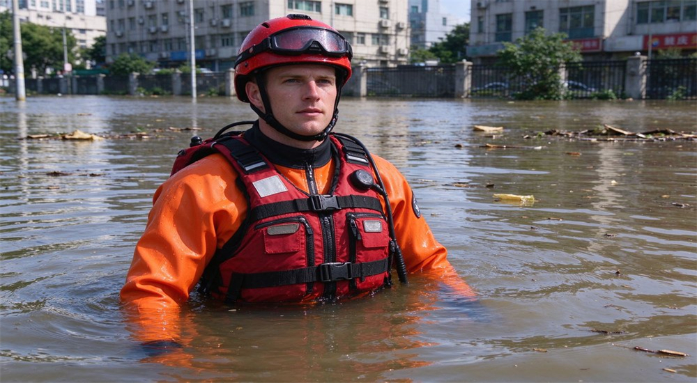 Rescue worker wading through chest deep flood water wearing high buoyancy PFD and dry suit demonstrating proper flood rescue personal protective equipment