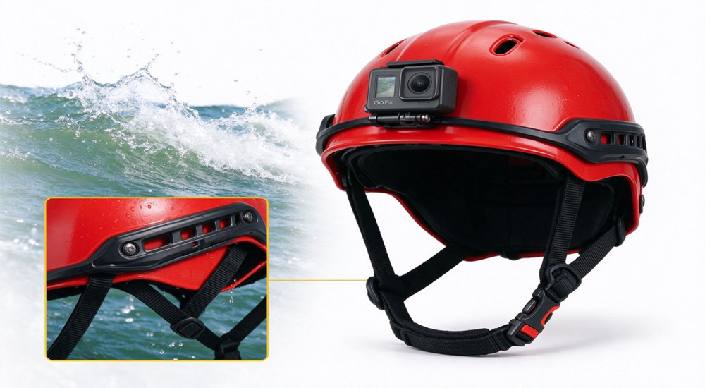 Water rescue helmet with red shell side rails and face protection designed for debris impact protection in flood rescue swiftwater operations
