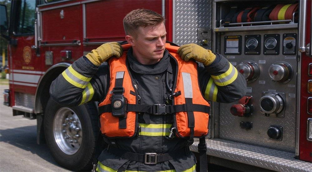 Rescue truck equipment storage with organized flood rescue gear including PFDs helmets ropes throw bags and boats ready for rapid emergency deployment
