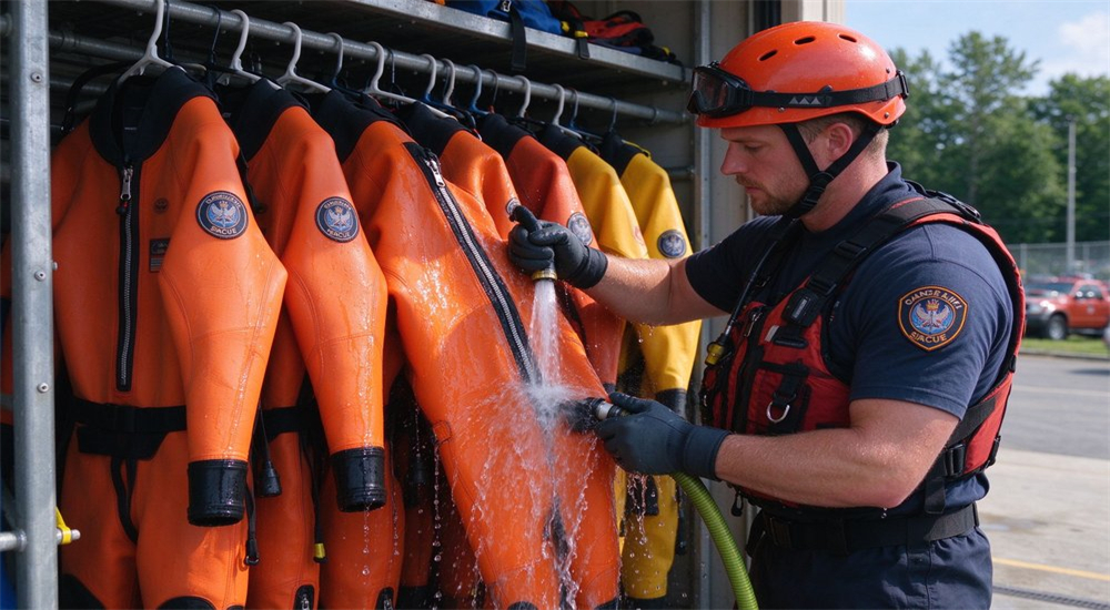Gear maintenance rinsing and hanging in dedicated gear room with dry suits and PFDs properly stored after flood operation for extended equipment lifespan