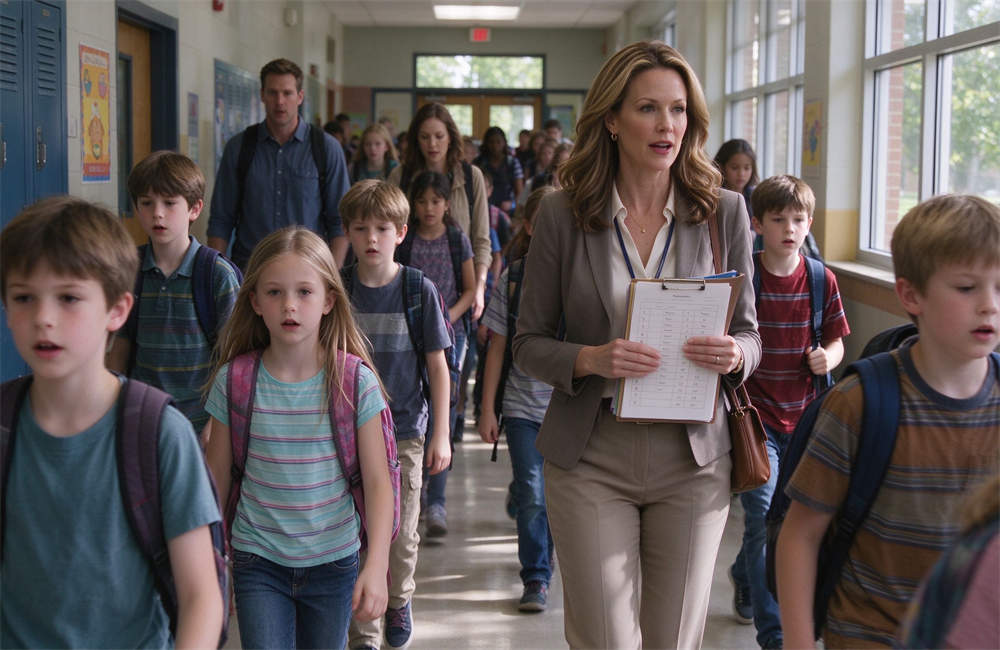 Diverse group of western school children and teachers evacuating through hallway, mixed genders, different ages, teacher woman in front holding attendance list