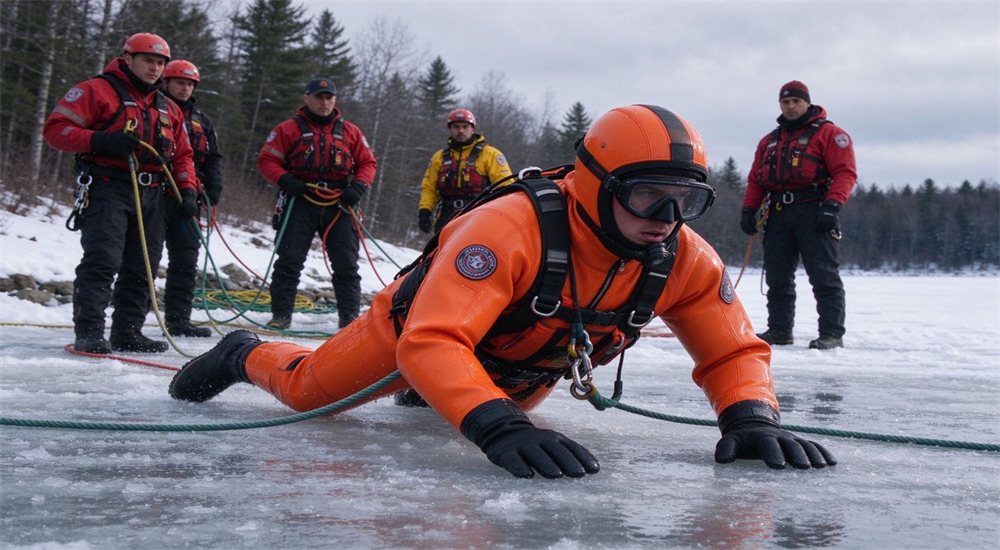 Ice rescue technician in orange dry suit crawling on thin ice surface using spreader bar technique with safety line attached during winter rescue operation