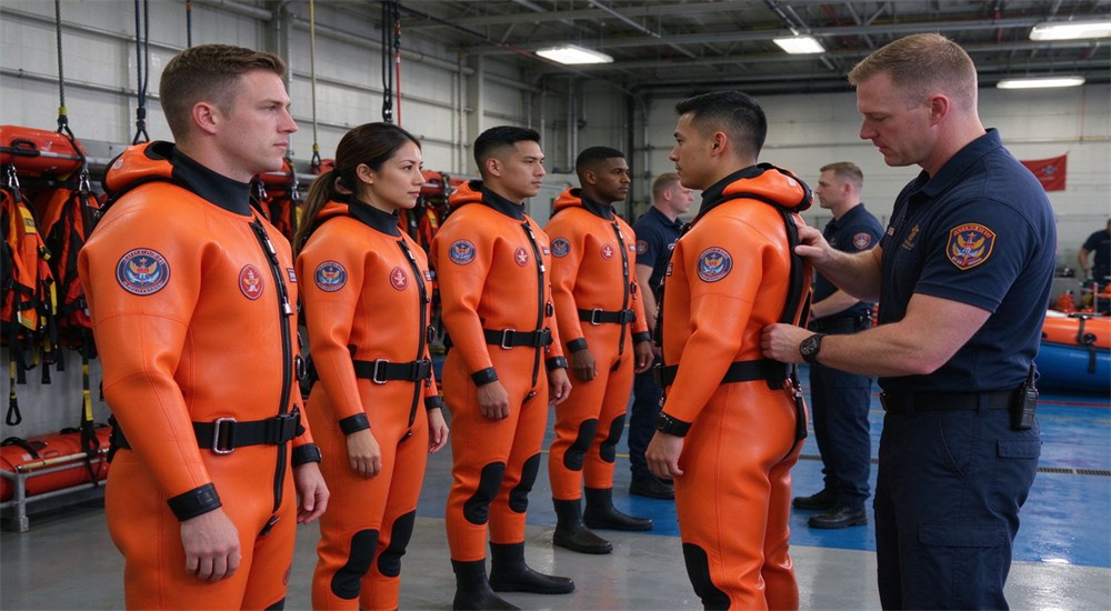 Ice rescue team fitting and sizing suits at fire station showing professional team selecting proper equipment sizes for government procurement and stockpile inventory management
