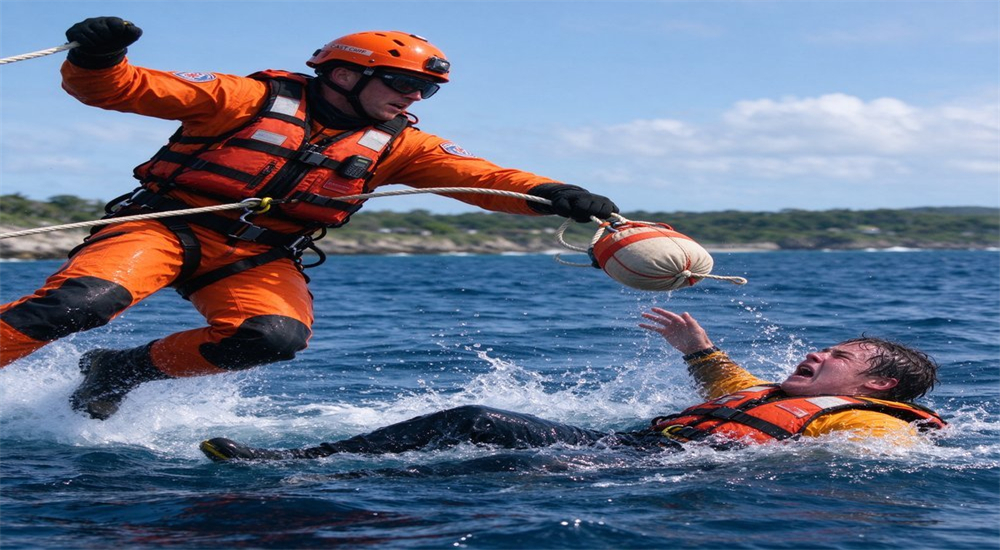 Coast guard rescuer deploying throw bag during ocean rescue demonstration with floating rope extending across water surface in training exercise for maritime rope rescue