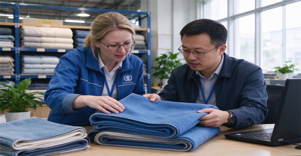 Eye-level view of NGO buyer and Chinese supplier reviewing product samples on table in showroom showing wholesale supplier verification