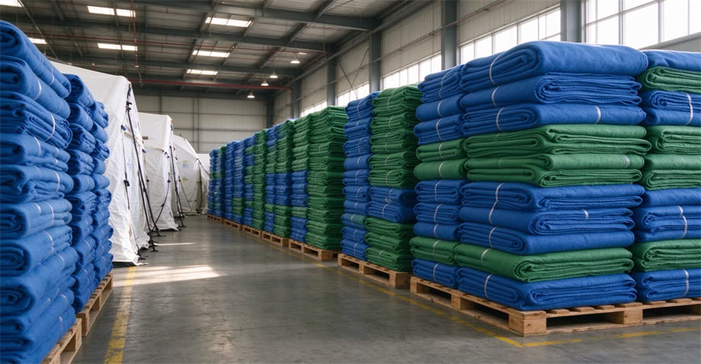 Wide warehouse view of neatly stacked blue wool emergency blankets on wooden pallets showing bulk refugee blankets ready for NGO orders