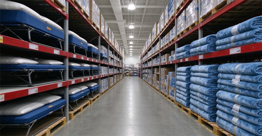 Wide warehouse aisle view with organized shelves clearly showing folded blankets cots and emergency supplies products visible