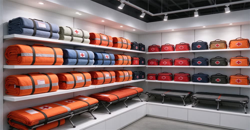 Wide view of supplier showroom displaying emergency relief product samples showing wholesale product verification