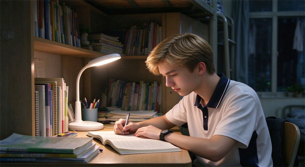 Student studying with school desk lamp at night for school dormitory lighting, showing focused reading light in dormitory room for wholesale school lighting and emergency lighting supply