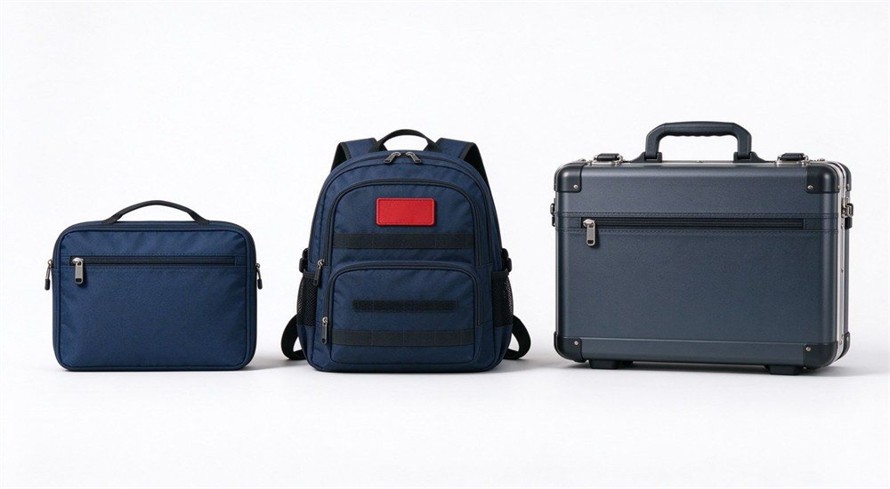School emergency kit size pouch backpack and case comparison for emergency kit supplier buyers, showing compact storage formats for wholesale emergency kits for schools and dormitories