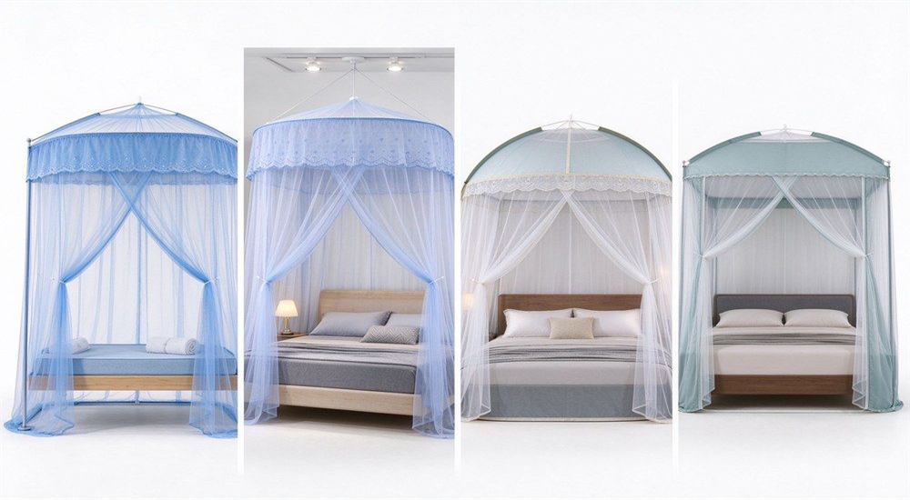 Four school mosquito net types comparison for school mosquito net wholesale, contrasting frame nets, pop-up nets and hanging nets for bunk bed protection in tropical dormitory supply