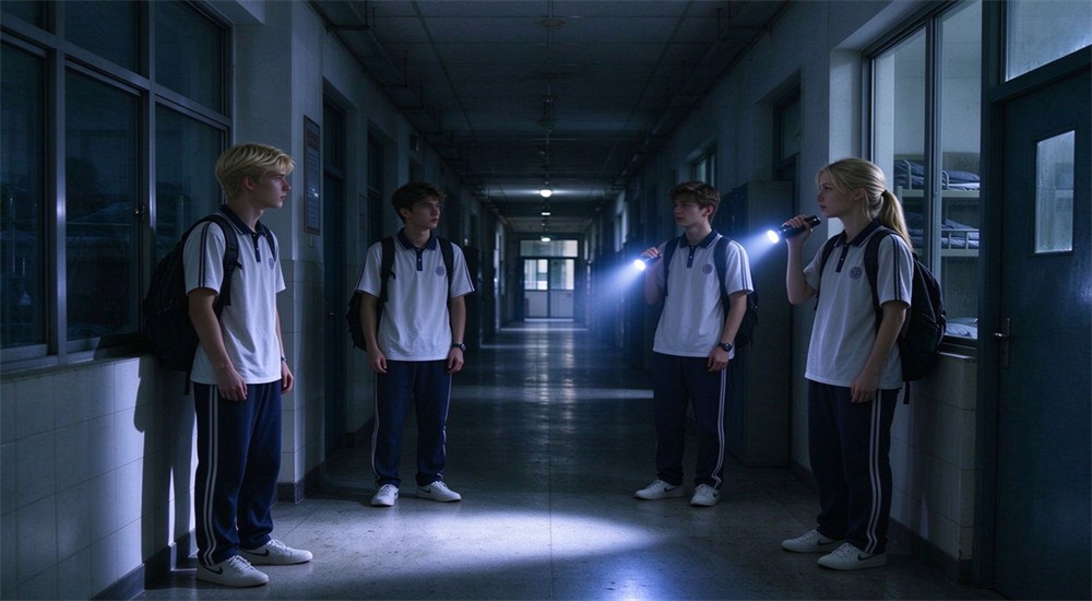 School dormitory corridor power outage flashlight for emergency lighting supply, showing students using flashlight during blackout for school emergency preparedness and wholesale safety kits