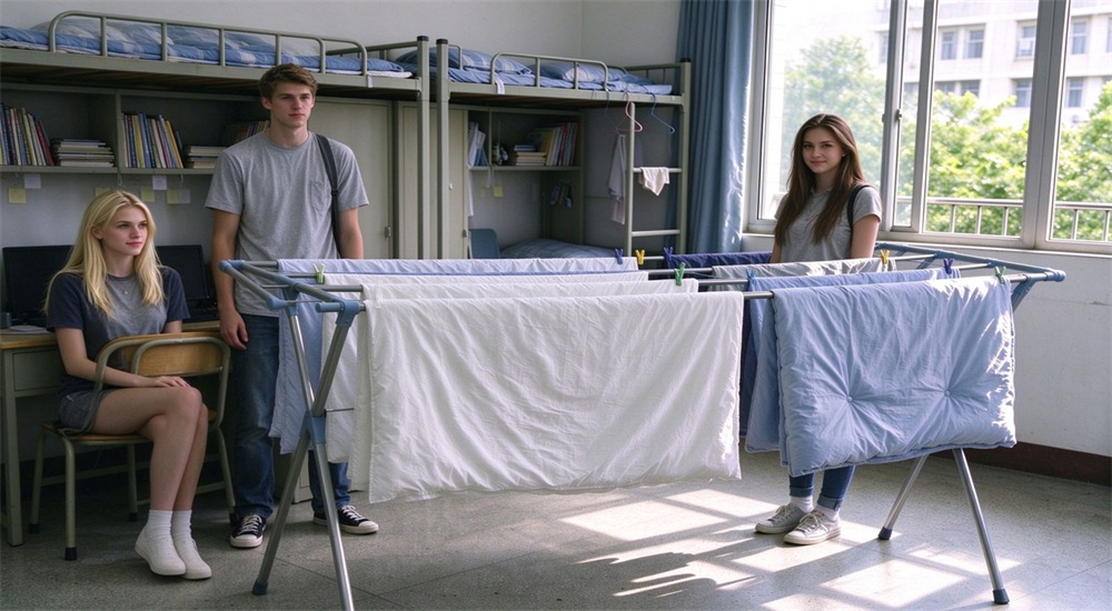 School dormitory laundry drying rack scene for bedding care and student accommodation, showing how wholesale school bedding sets are aired and maintained in boarding school dormitories