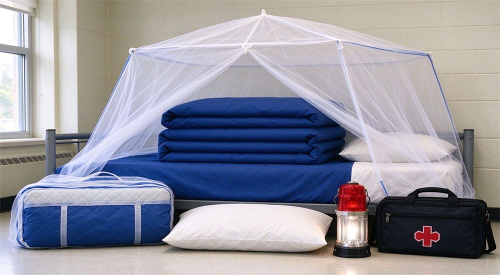 Metal single bed equipped with pyramid shaped mosquito net neatly stacked blue quilts white pillows emergency lantern and marked first aid kit in tidy indoor space