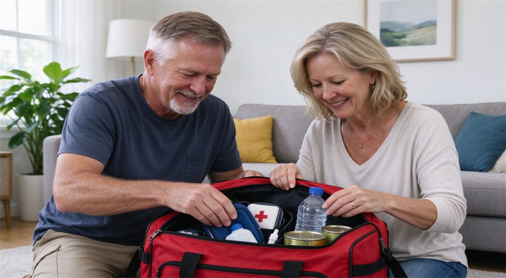 Foreign couple packing a red 72-hour family emergency kit with first aid, bottled water and food rations at home, wholesale emergency kits from China Foreign couple packing a red 72-hour family emergency kit with first aid, bottled water and food rations at home, wholesale emergency kits from China