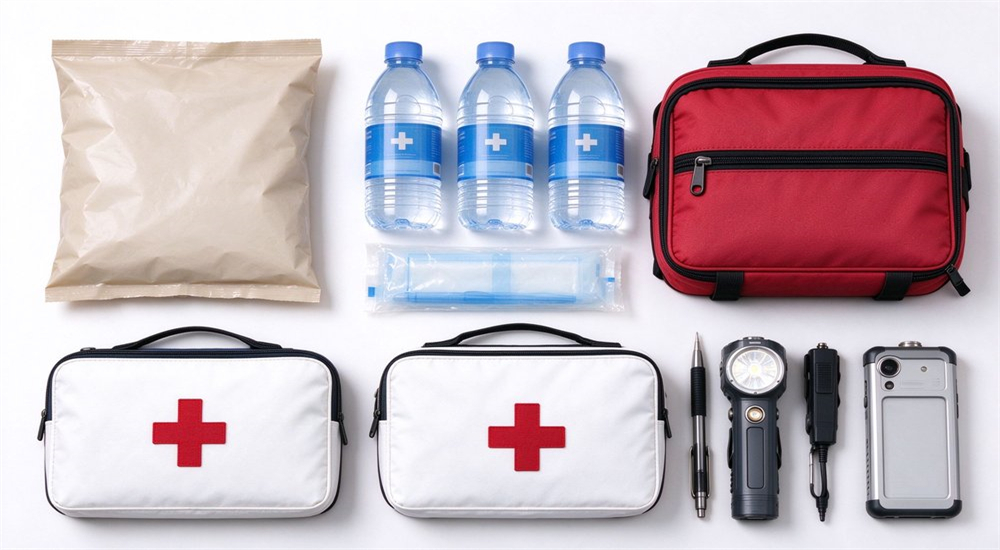 Emergency preparedness kit with sealed food pouch bottled water first aid bags flashlight pen radio and communication device neatly arranged together Emergency preparedness kit with sealed food pouch bottled water first aid bags flashlight pen radio and communication device neatly arranged together
