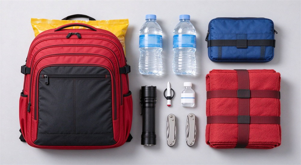 72 hour emergency backpack kit with packaged food bottled water medical pouch blanket flashlight multi tools and essential survival supplies