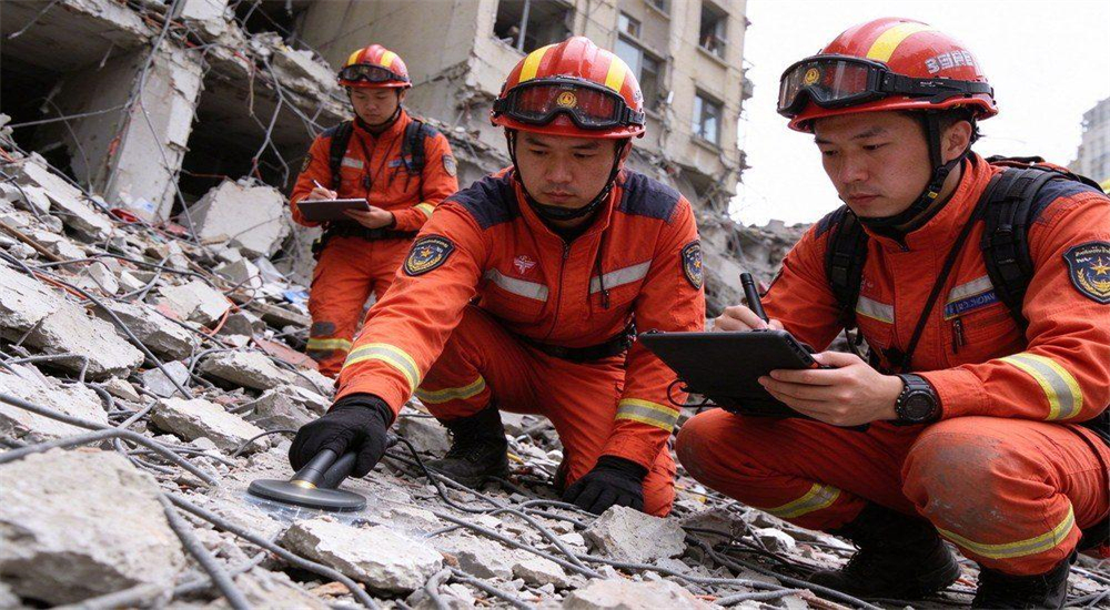 Rescue team searching rubble for trapped survivor in earthquake disaster scene for rescue equipment wholesale supplier for earthquake response teams, government tenders and institutional bulk procurement orders